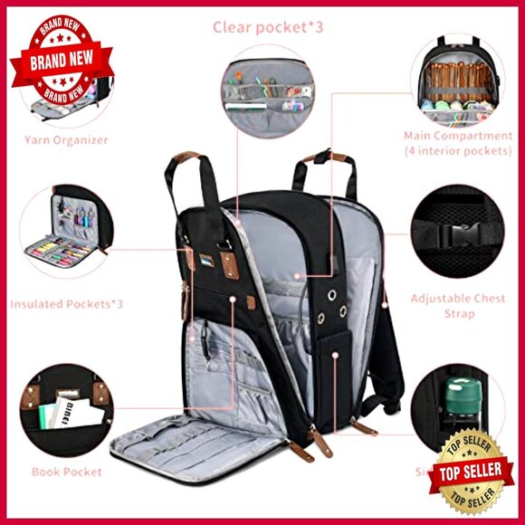 Large Knitting Backpack Tote with USB Port, 28L Yarn Storage Organizer main image 4